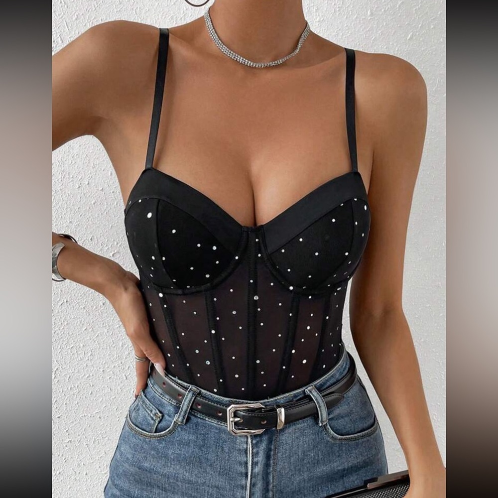 SHEIN BAE Rhinestone Detail Bustier Mesh Cami Bodysuit